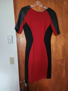 Zara Red and Black Faux-Leather Sleeve Sheath Midi Dress